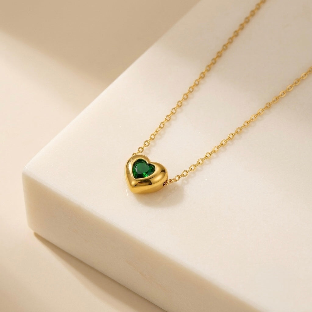 Chunky Gold Green Crystal Heart Pendant Necklace | Dimensional Puffed Heart Bezel-Set Statement Cable Chain Choker for Women