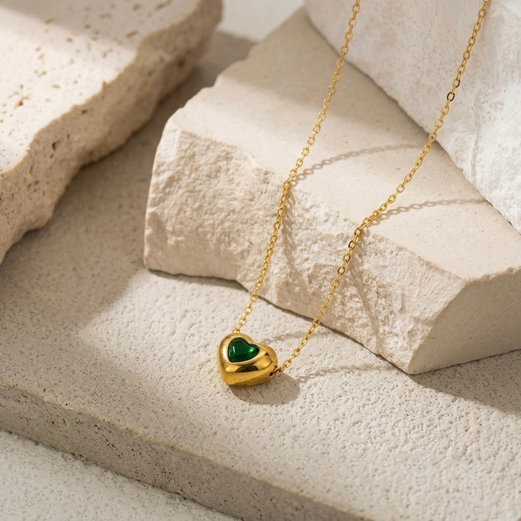 Chunky Gold Green Crystal Heart Pendant Necklace | Dimensional Puffed Heart Bezel-Set Statement Cable Chain Choker for Women