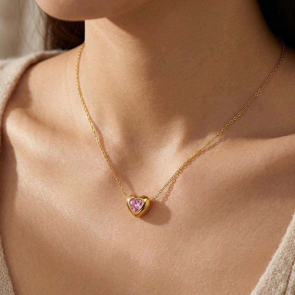 Chunky Gold Pink Crystal Heart Pendant Necklace | Dimensional Puffed Heart Bezel-Set Statement Cable Chain Choker for Wom