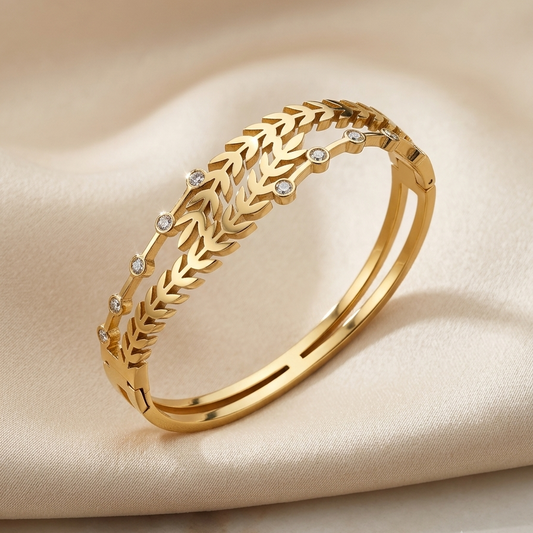 Gold Laurel Leaf Crystal Split Bangle | Double Band Chevron Wheat Motif Bezel-Set Gemstone Hinged Cuff Bracelet for Women