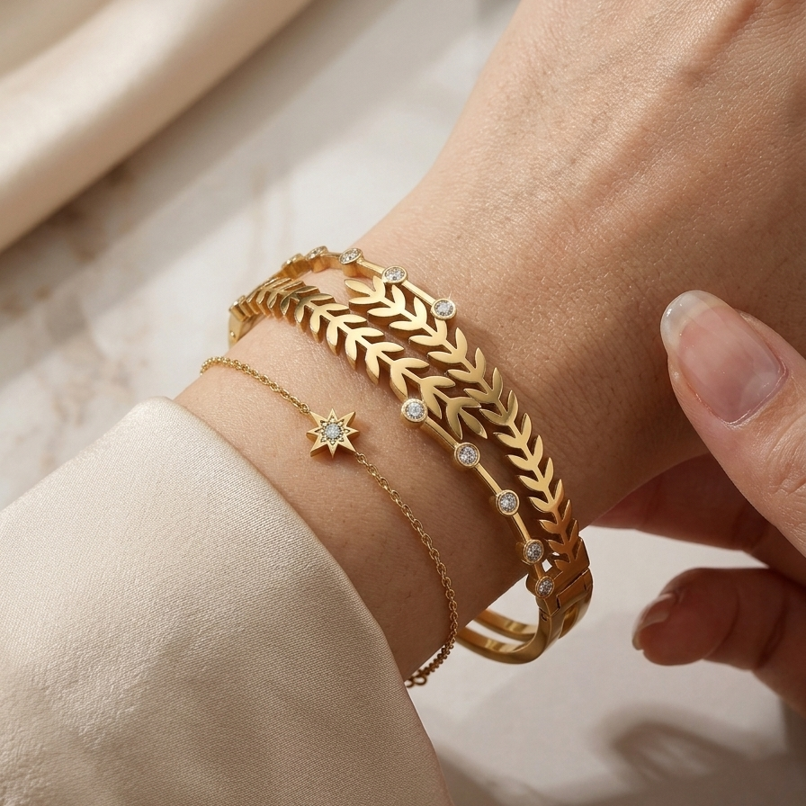 Gold Laurel Leaf Crystal Split Bangle | Double Band Chevron Wheat Motif Bezel-Set Gemstone Hinged Cuff Bracelet for Women