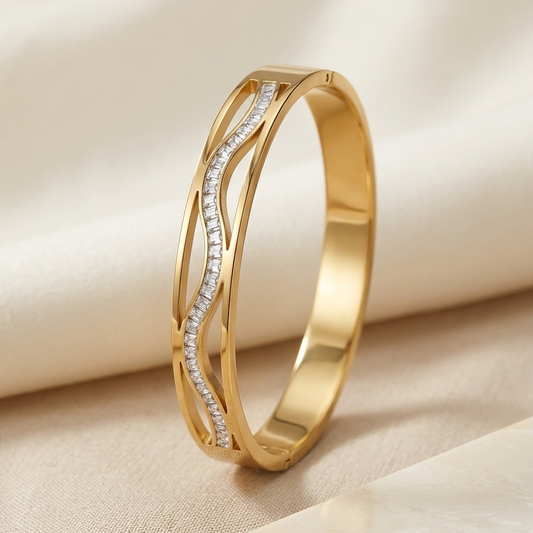 Gold Wave Crystal Cutout Bangle | Fluid Openwork Curved Gemstone Hinged Cuff Bracelet for Women