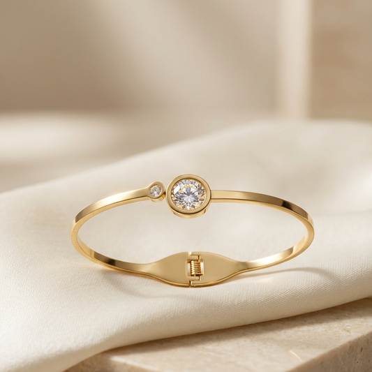 Gold Asymmetric Bezel-Set Crystal Open Bangle | Dual Solitaire Gemstone Bypass Hinged Cuff Bracelet for Women
