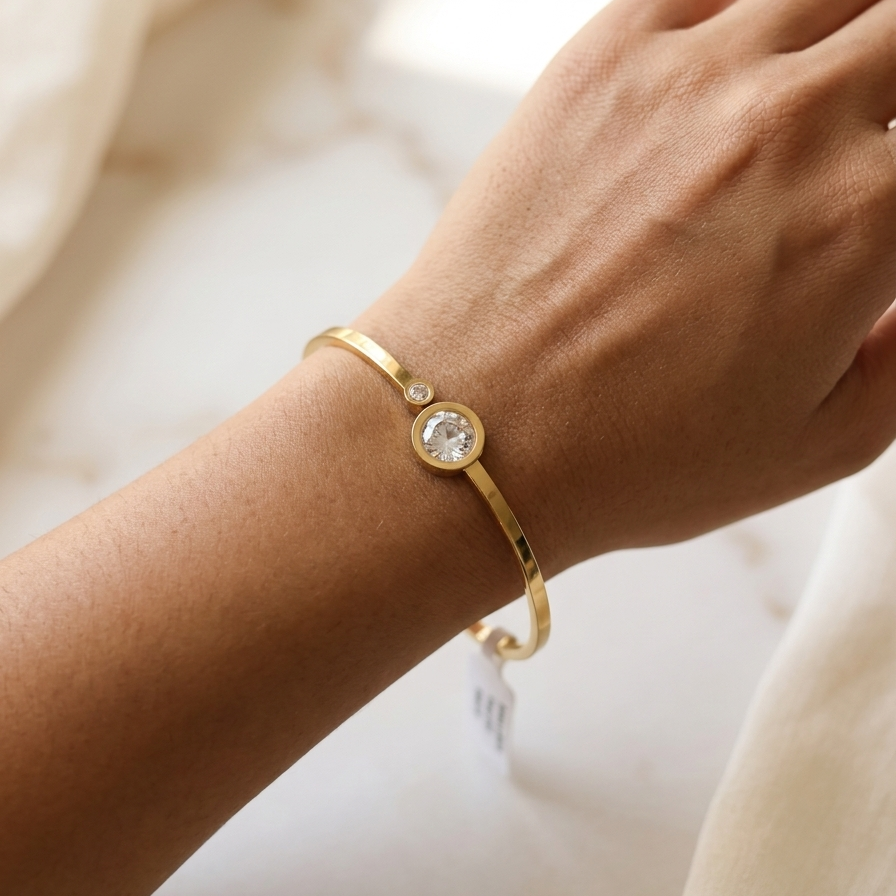 Gold Asymmetric Bezel-Set Crystal Open Bangle | Dual Solitaire Gemstone Bypass Hinged Cuff Bracelet for Women