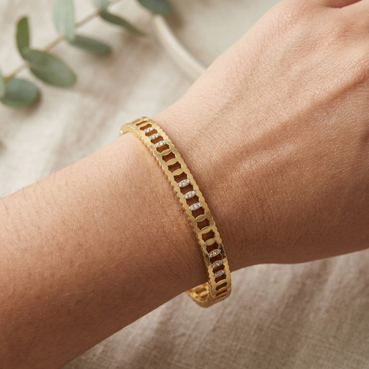 Gold Geometric Cutout Crystal Bangle | Openwork Oval Chain Motif Gemstone Hinged Cuff Bracelet for Women