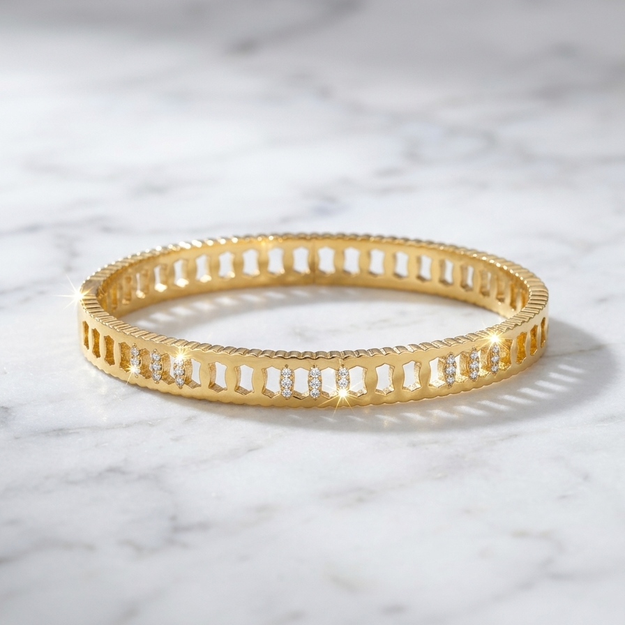 Gold Geometric Cutout Crystal Bangle | Openwork Oval Chain Motif Gemstone Hinged Cuff Bracelet for Women