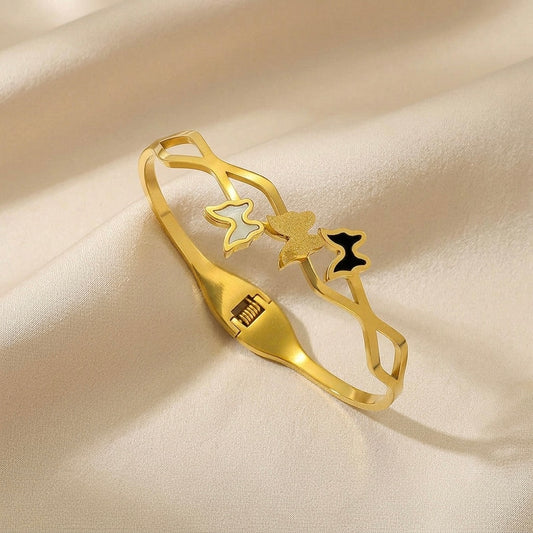 Gold Trio Butterfly Openwork Bangle | Enamel Mother of Pearl Cutout Hinged Cuff Bracelet for Women