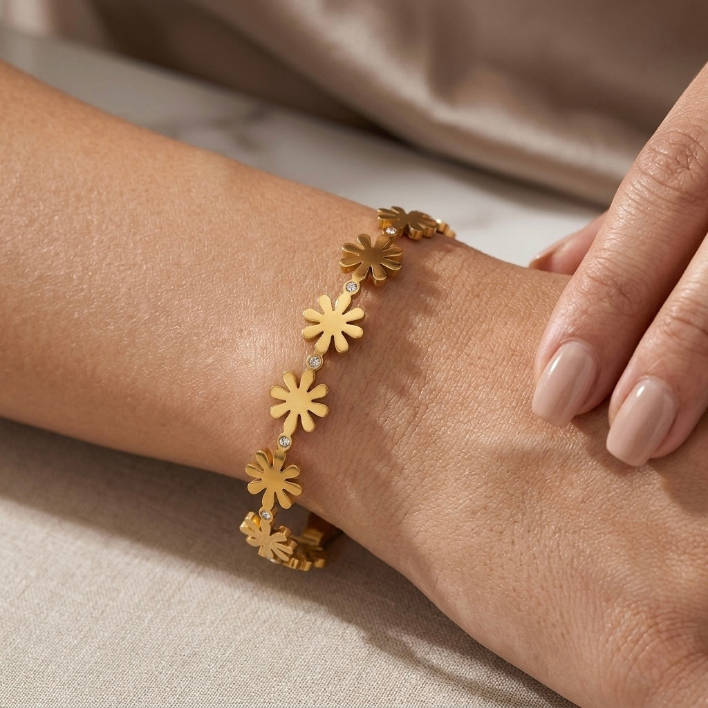 Gold Daisy Flower Station Bracelet | Brushed Botanical Gemstone Accent Chain Bracelet for Women