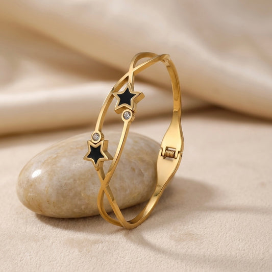 Gold Celestial Black Enamel Star Bangle | Openwork Crossover Crystal Hinged Cuff Bracelet for Women