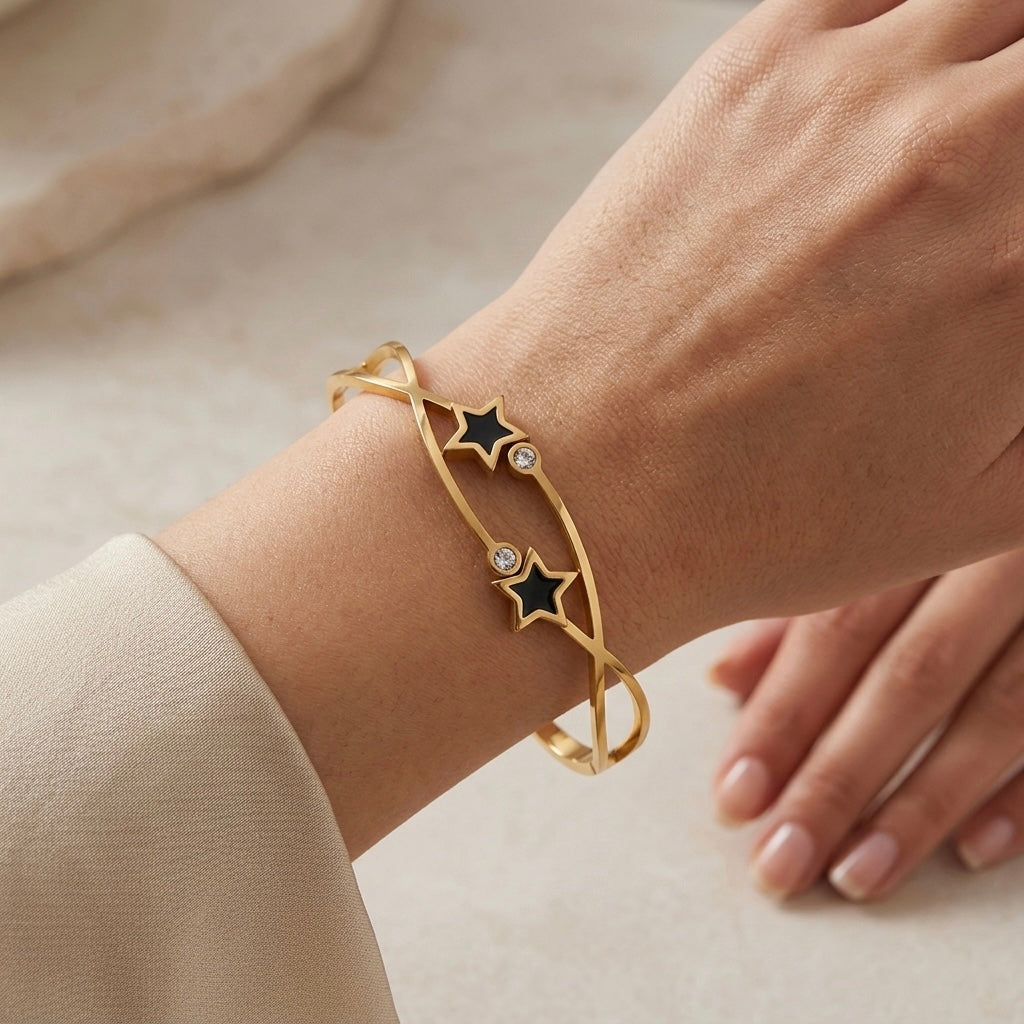 Gold Celestial Black Enamel Star Bangle | Openwork Crossover Crystal Hinged Cuff Bracelet for Women