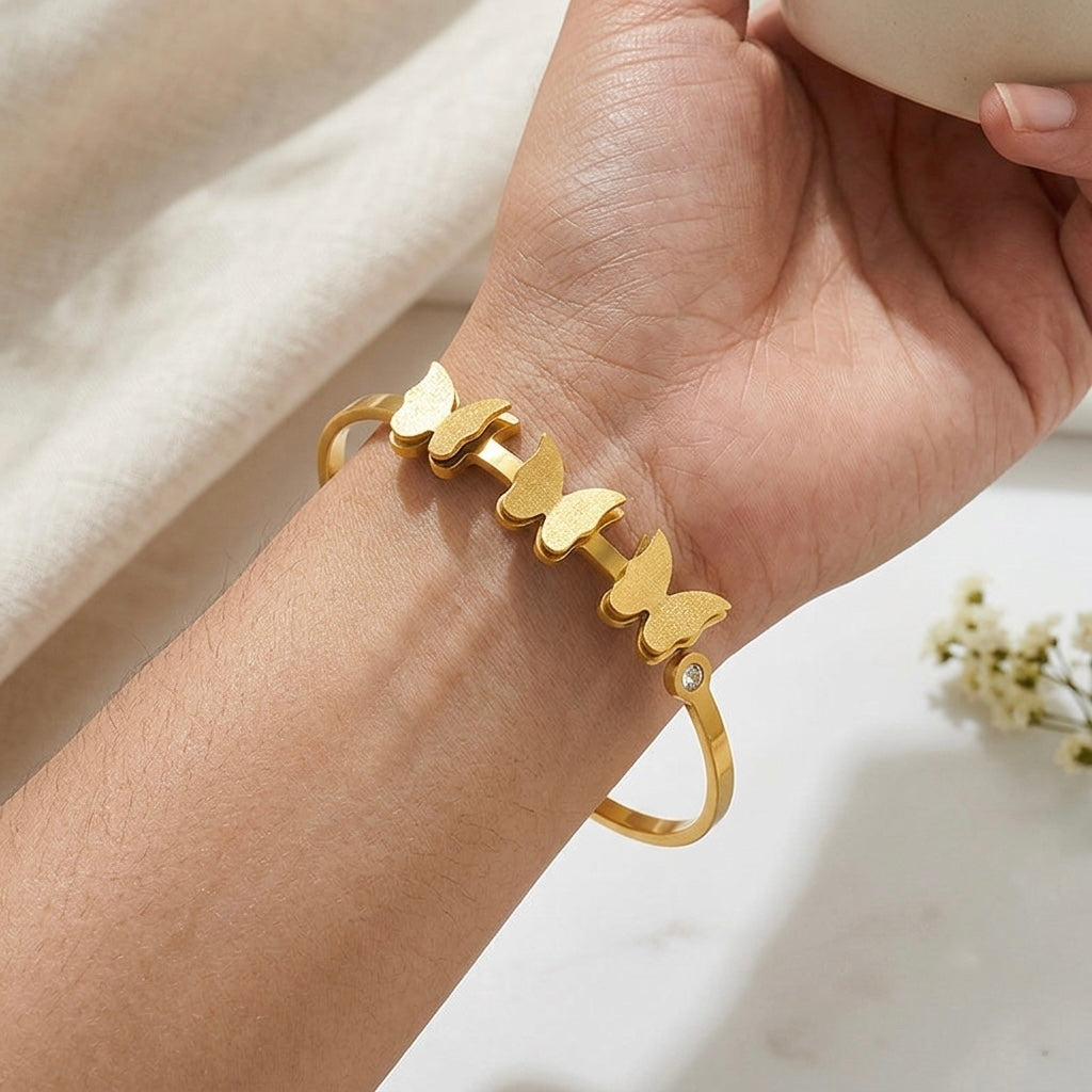 Gold Brushed Butterfly Row Bangle | Matte Finish Multi-Butterfly Crystal Accent Hinged Cuff Bracelet for Women