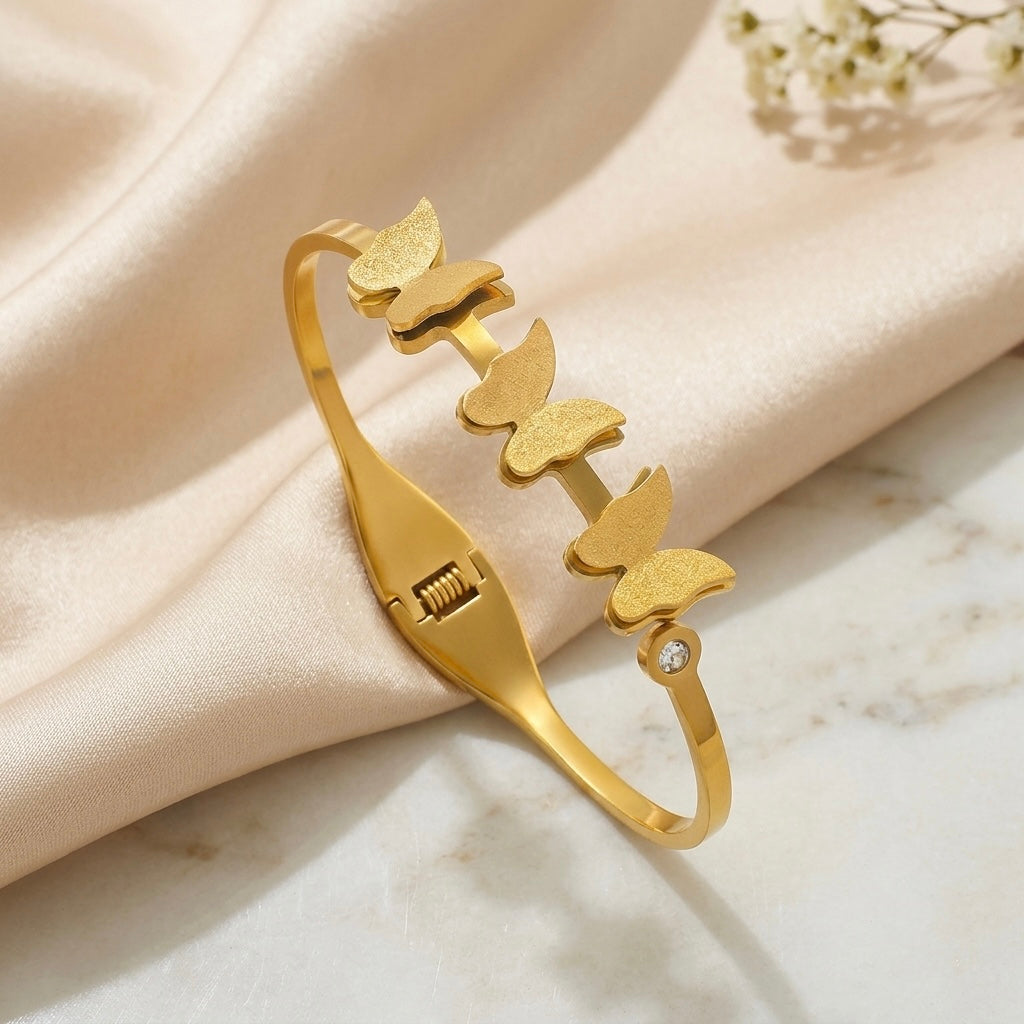 Gold Brushed Butterfly Row Bangle | Matte Finish Multi-Butterfly Crystal Accent Hinged Cuff Bracelet for Women