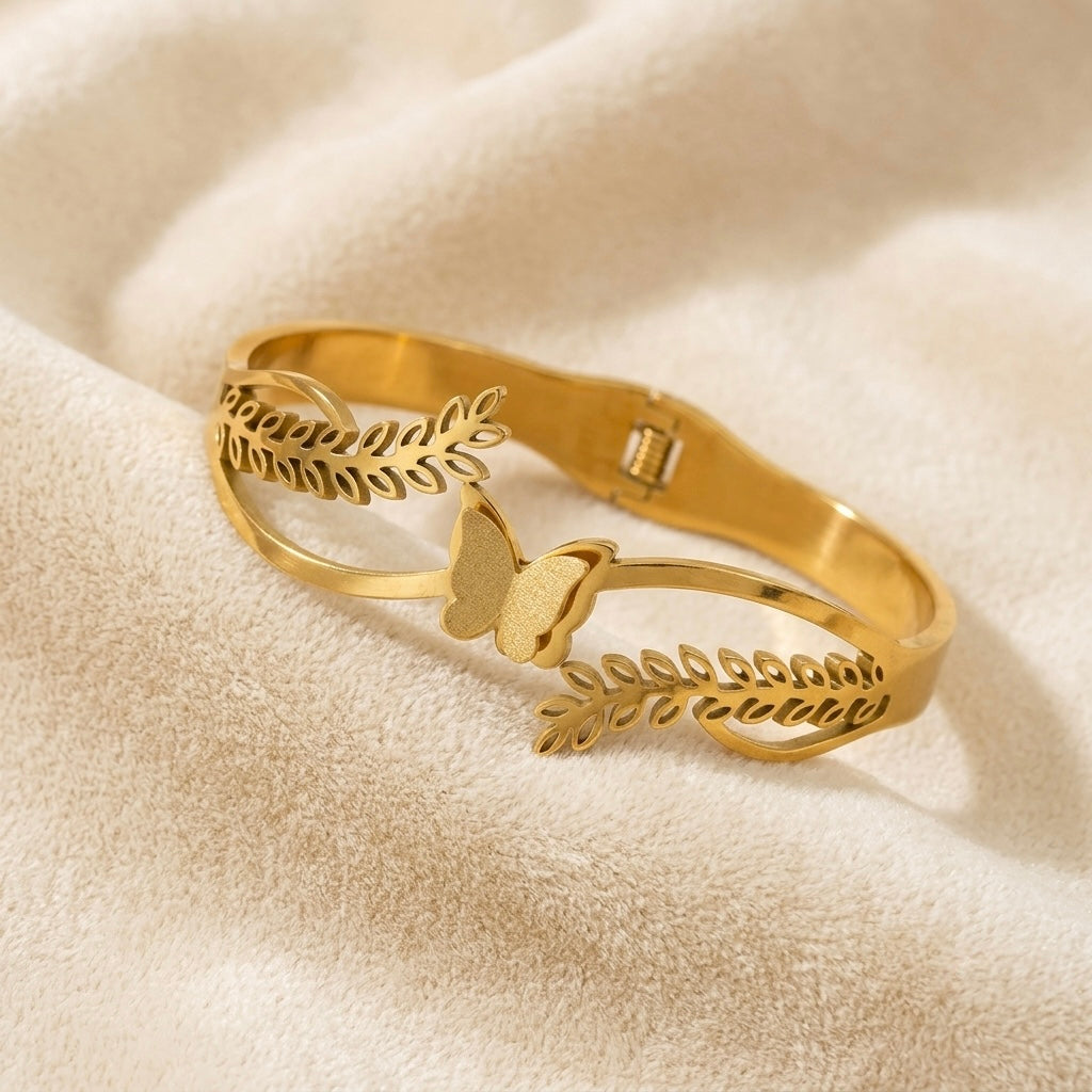 Gold Laurel Leaf Butterfly Bangle | Botanical Vine Openwork Hinged Cuff Bracelet for Women