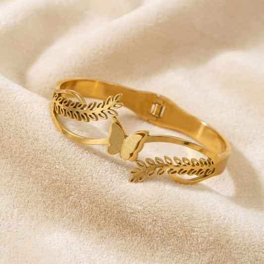 Gold Laurel Leaf Butterfly Bangle | Botanical Vine Openwork Hinged Cuff Bracelet for Women