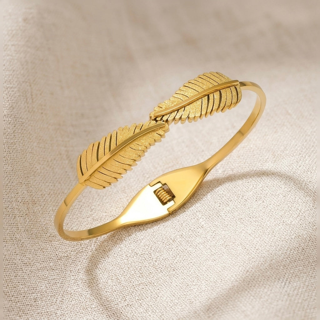 Gold Double Feather Bangle | Textured Leaf Motif Hinged Cuff Bracelet for Women
