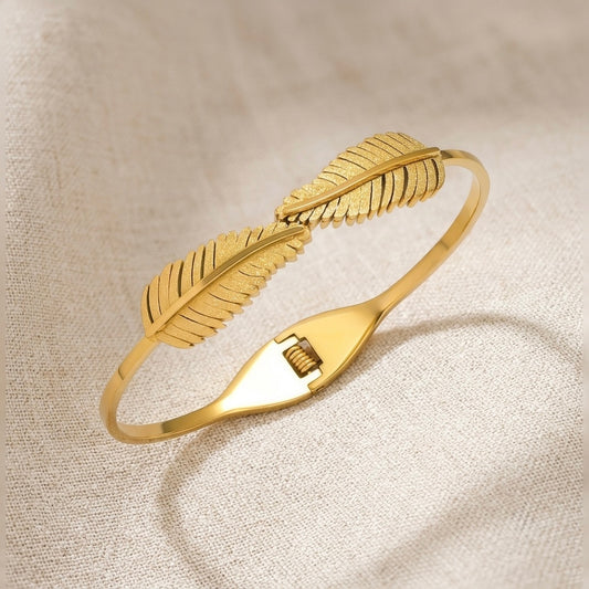 Gold Double Feather Bangle | Textured Leaf Motif Hinged Cuff Bracelet for Women