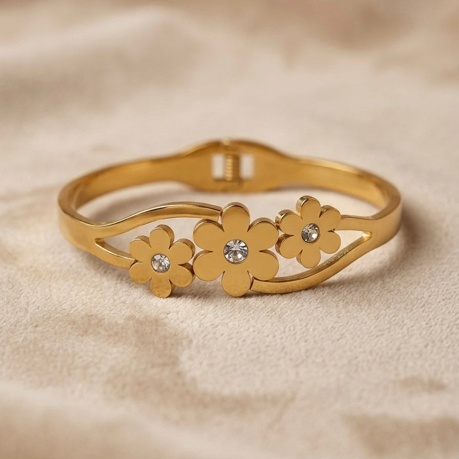 Gold Enamel Flower Openwork Bangle | Floral Motif Crystal Accent Hinged Cuff Bracelet for Women
