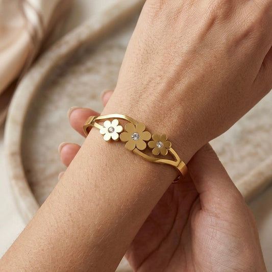 Gold Enamel Flower Openwork Bangle | Floral Motif Crystal Accent Hinged Cuff Bracelet for Women