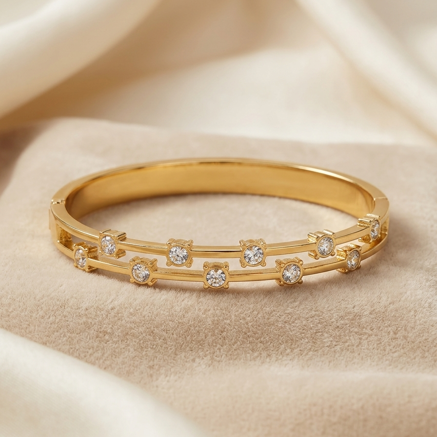 Gold Double Row Crystal Station Bangle | Staggered Bezel Gemstone Hinged Cuff Bracelet for Women