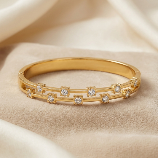 Gold Double Row Crystal Station Bangle | Staggered Bezel Gemstone Hinged Cuff Bracelet for Women