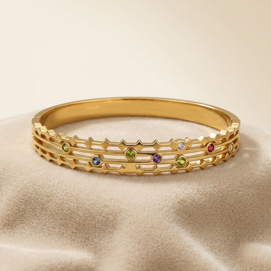Gold Multi Gemstone Geometric Bangle | Openwork Lattice Crystal Hinged Cuff Bracelet for Women