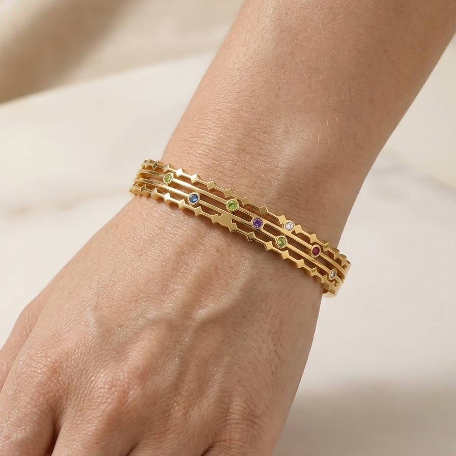 Gold Multi Gemstone Geometric Bangle | Openwork Lattice Crystal Hinged Cuff Bracelet for Women