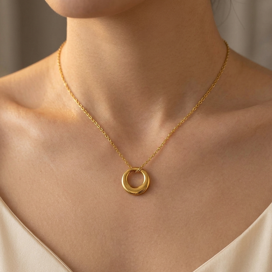 Minimalist Gold Round Donut Pendant Necklace | Dainty O-Ring Eternity Circle Chain for Women
