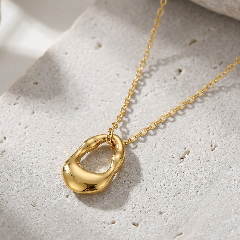 Minimalist Gold Molten Organic Pendant Necklace | Abstract Irregular Hoop Chain for Women