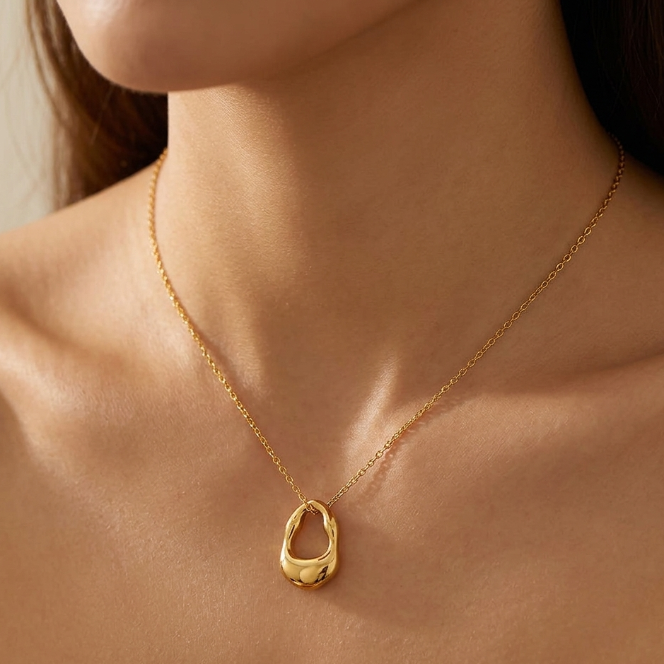 Minimalist Gold Molten Organic Pendant Necklace | Abstract Irregular Hoop Chain for Women