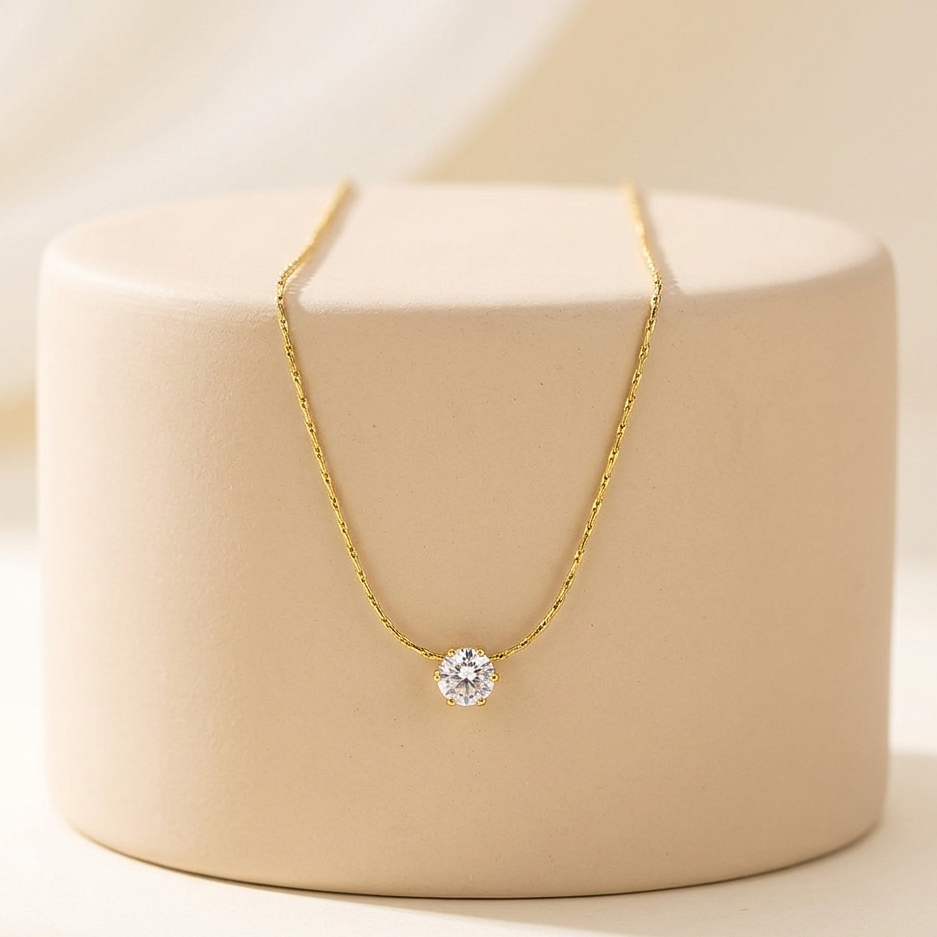 Minimalist Gold Solitaire Crystal Necklace | Dainty Single Round Zirconia Pendant Chain for Women