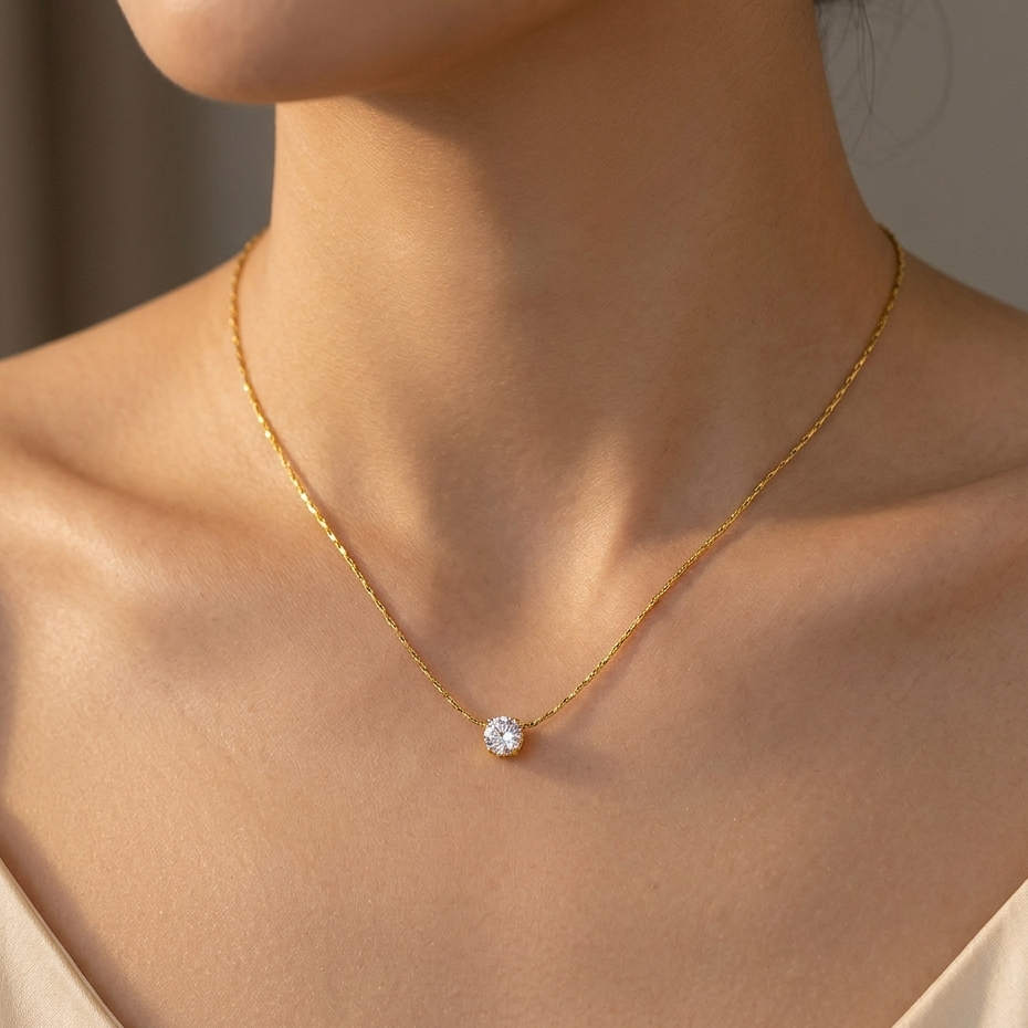 Minimalist Gold Solitaire Crystal Necklace | Dainty Single Round Zirconia Pendant Chain for Women