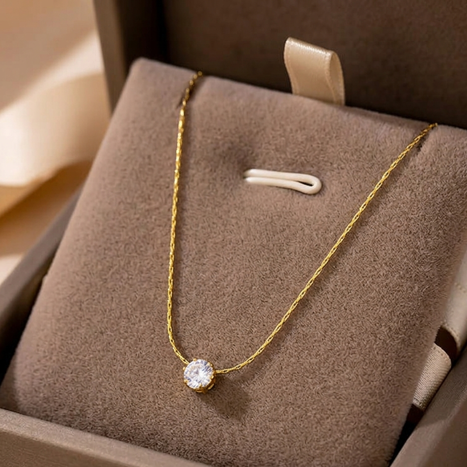 Minimalist Gold Solitaire Crystal Necklace | Dainty Single Round Zirconia Pendant Chain for Women