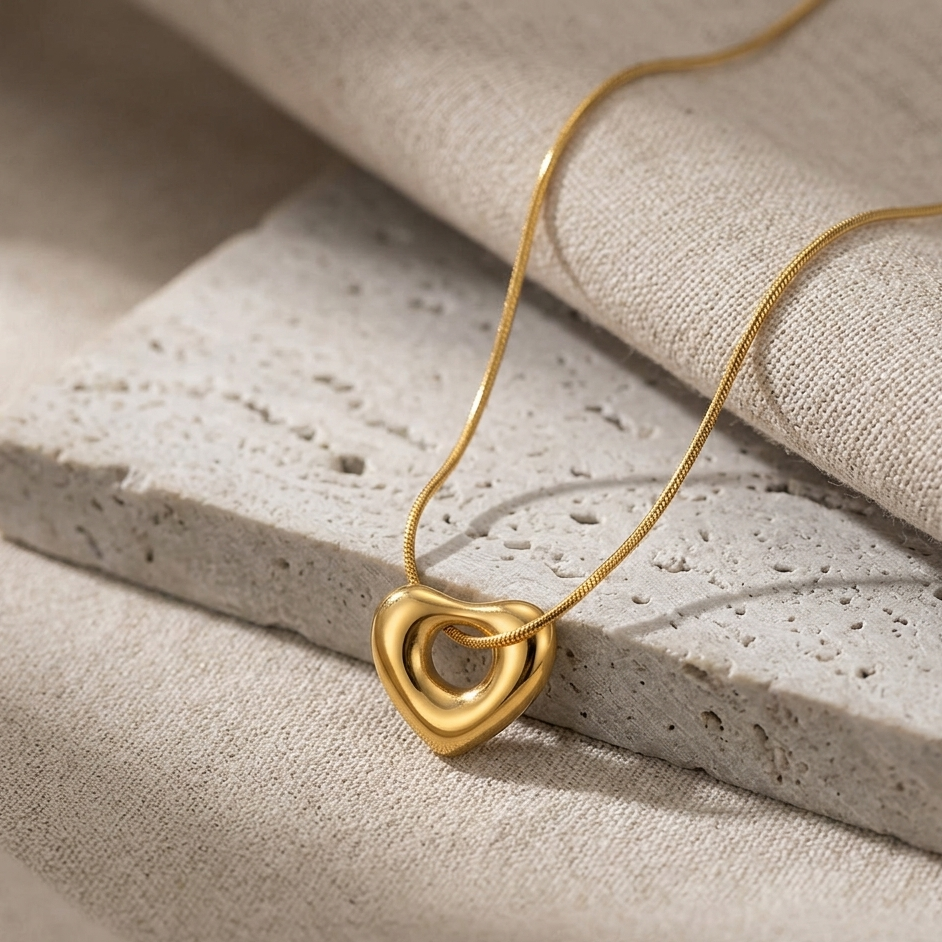 Minimalist Gold Open Heart Pendant Necklace | Dainty Floating Puffy Heart Choker for Women