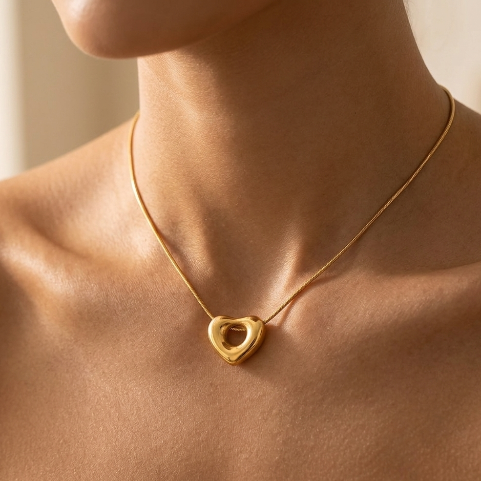 Minimalist Gold Open Heart Pendant Necklace | Dainty Floating Puffy Heart Choker for Women