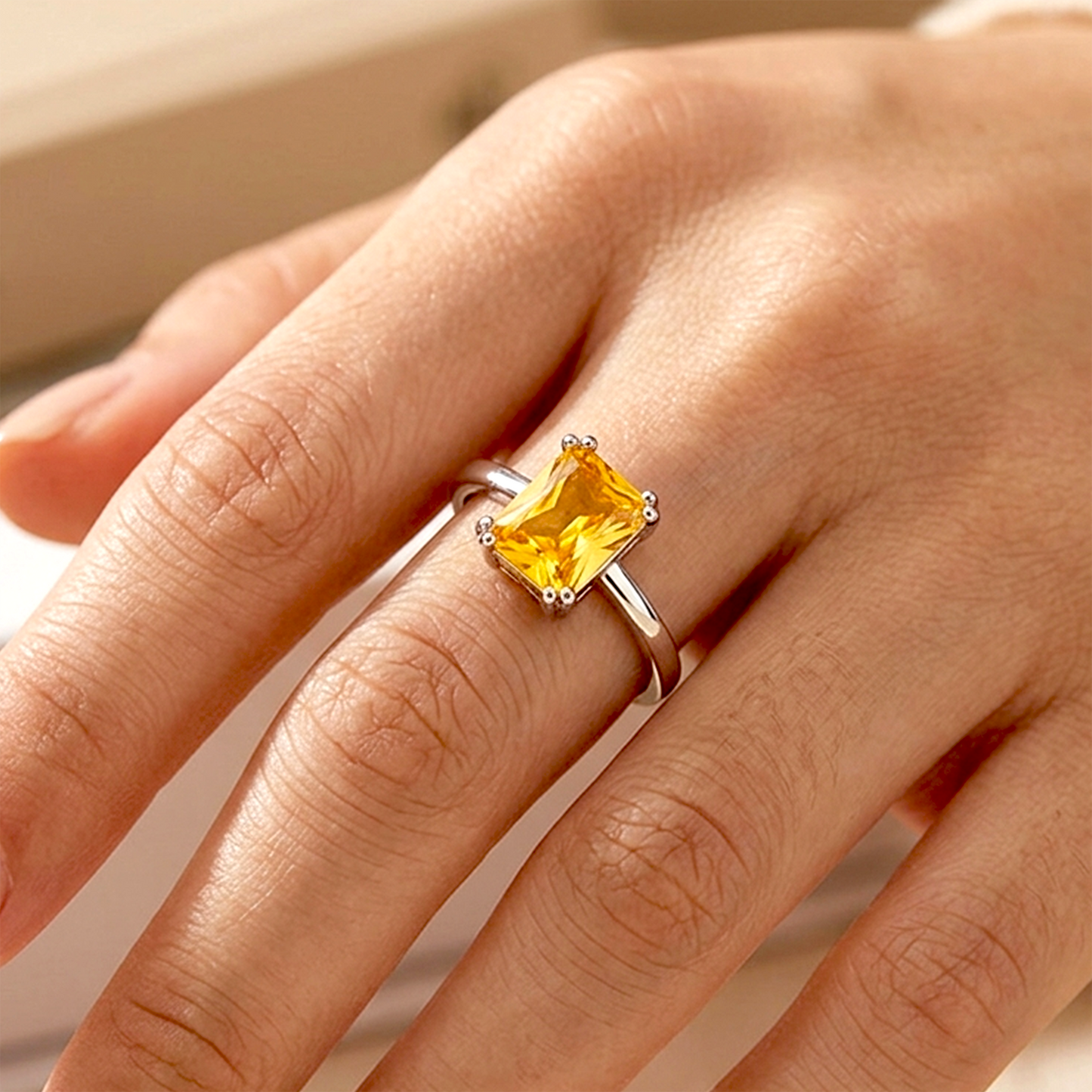 Golden Hour Glow: Anti-Tarnish Emerald-Cut Citrine Solitaire