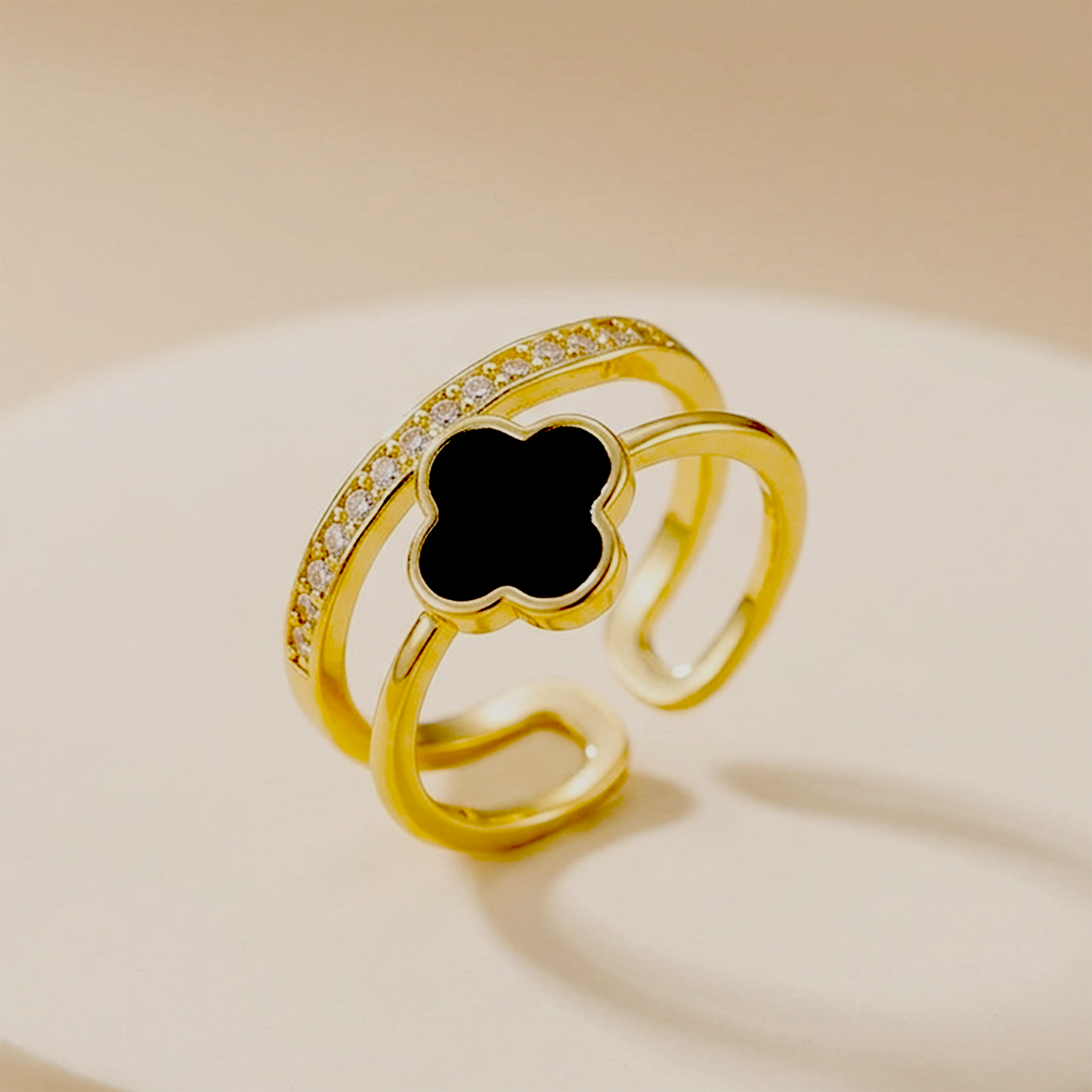 Gold Plated Anti Tarnish Stainless Steel Black Clover Adjustable Finger Ring