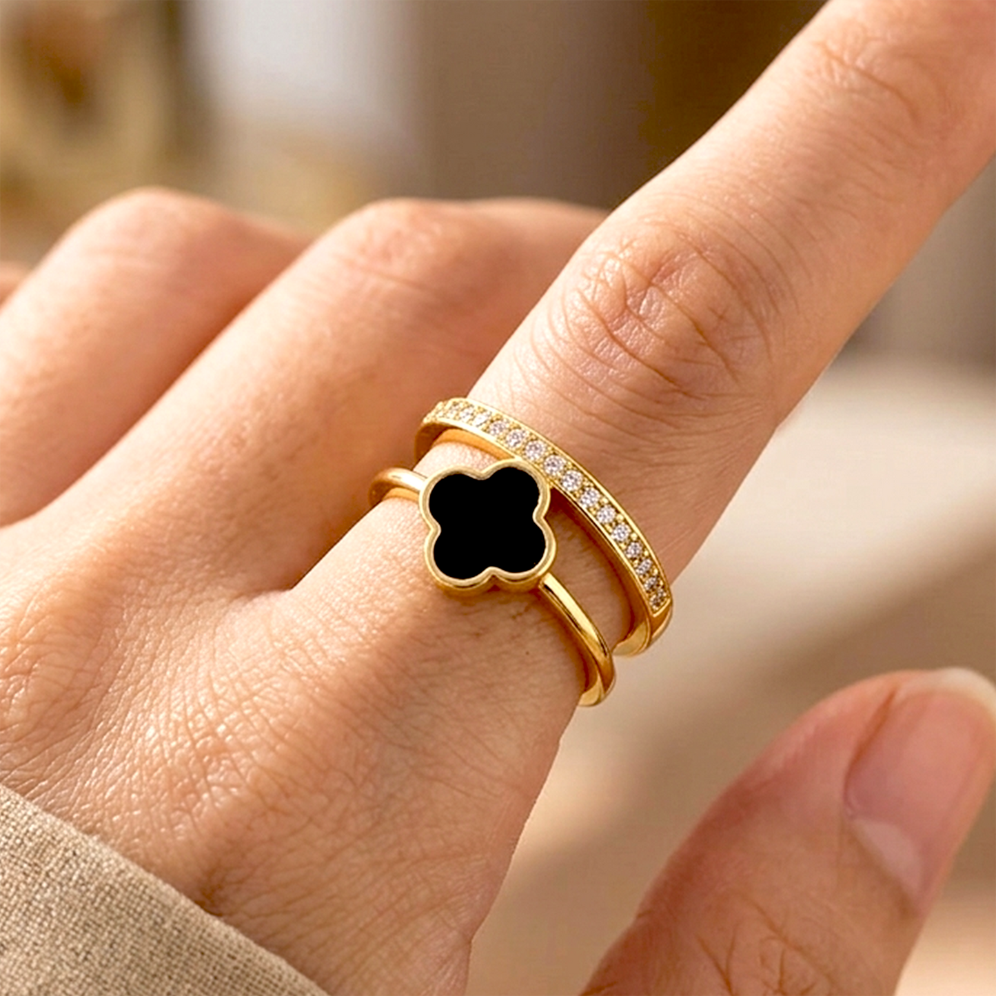 Gold Plated Anti Tarnish Stainless Steel Black Clover Adjustable Finger Ring