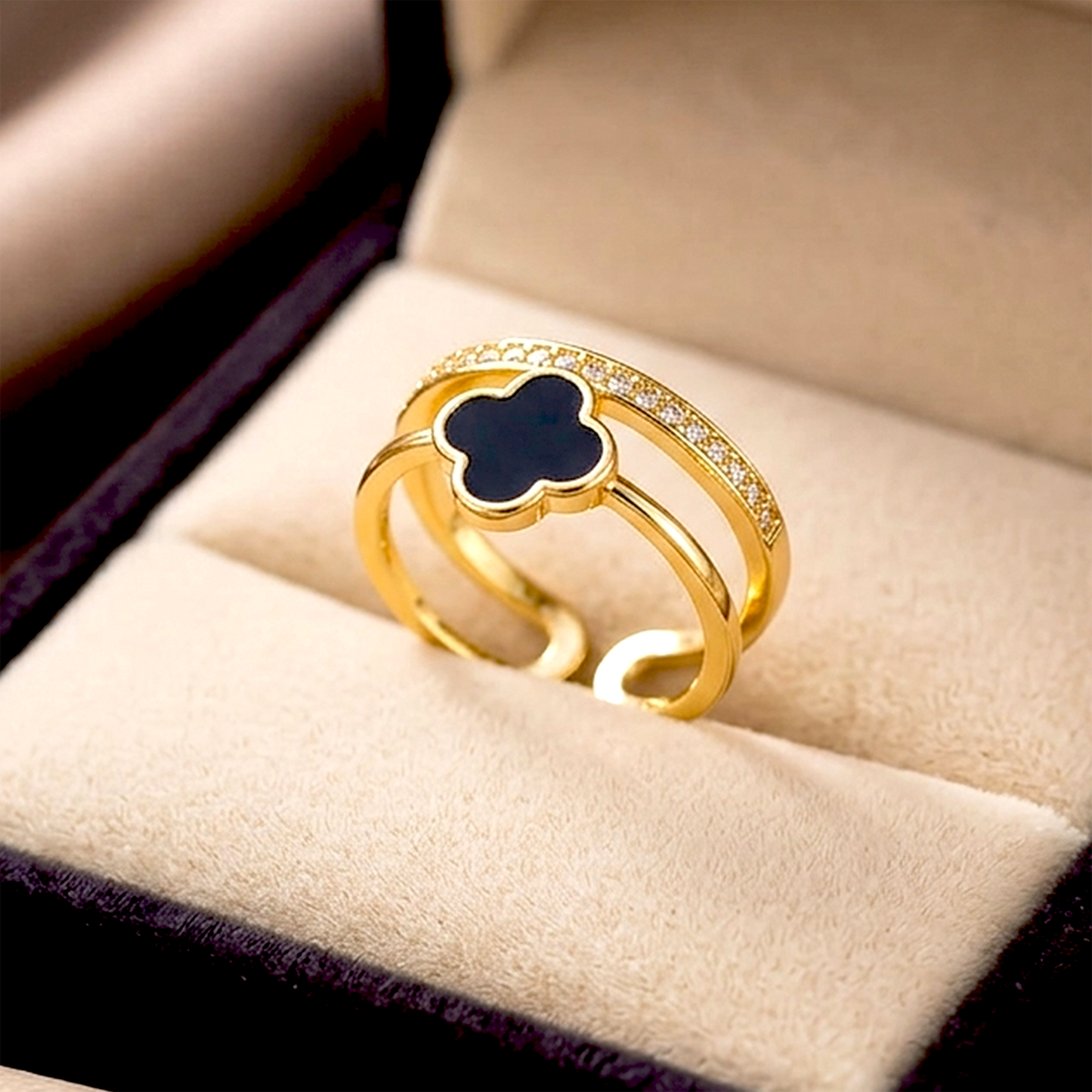 Gold Plated Anti Tarnish Stainless Steel Black Clover Adjustable Finger Ring