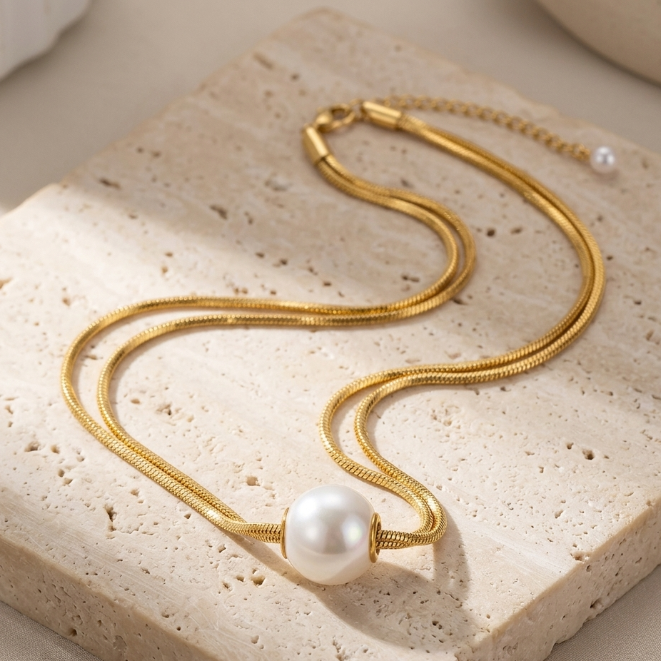 Minimalist Pearl Herringbone Snake Chain Necklace | Statement Pearl Choker for Women