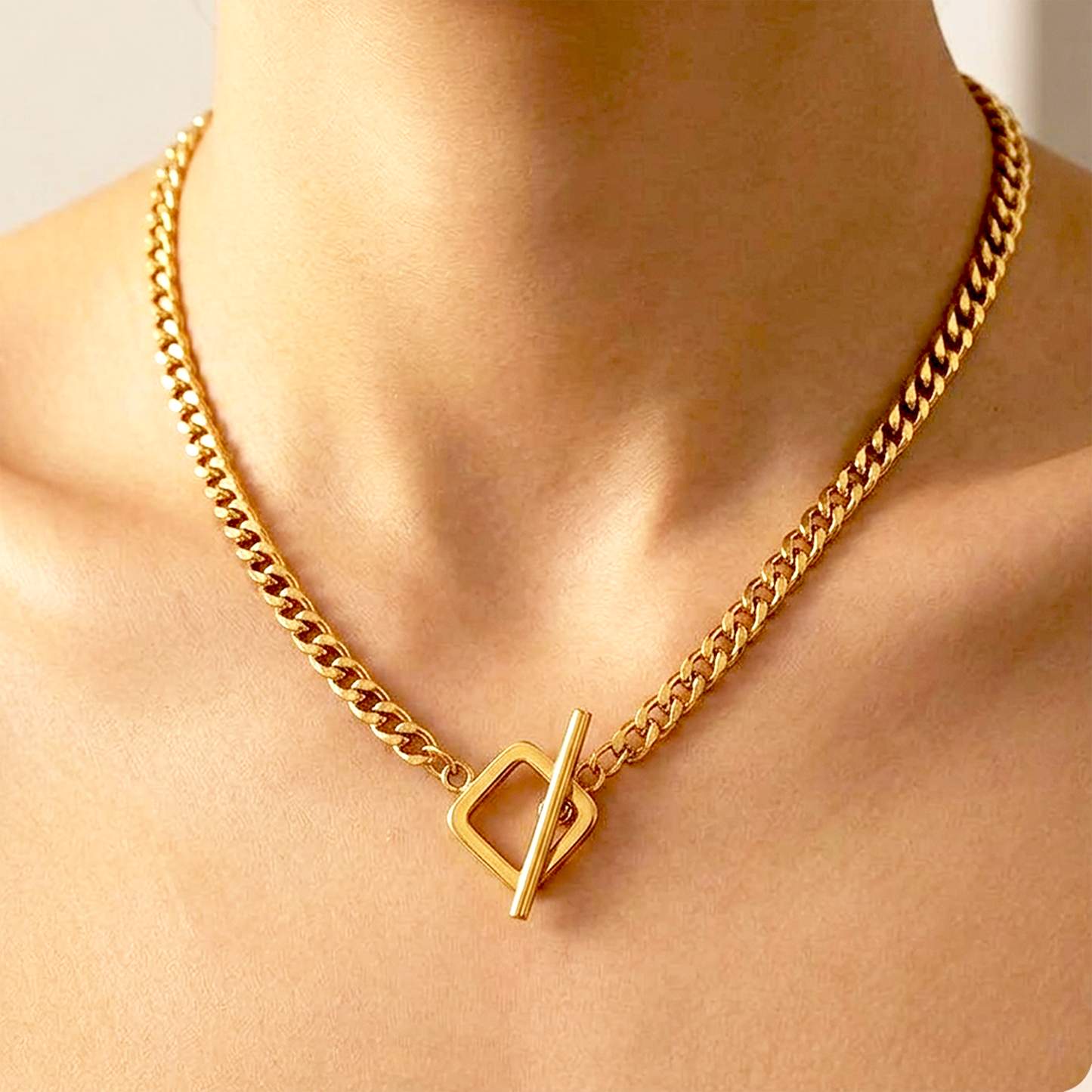 Golden Geometric Toggle Curb Chain Necklace | Premium Stainless Steel Golden Anti Tarnish