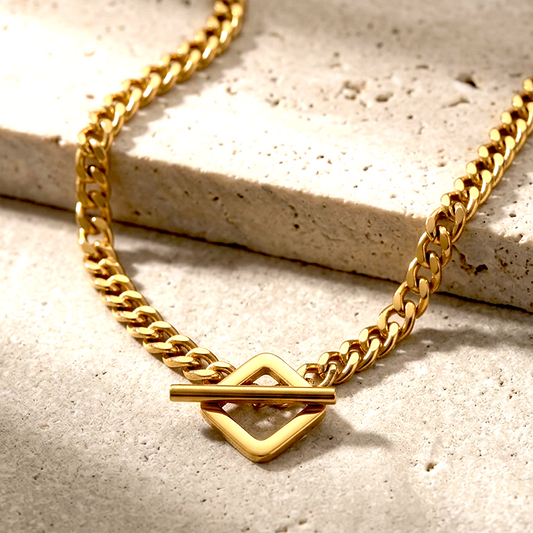 Golden Geometric Toggle Curb Chain Necklace | Premium Stainless Steel Golden Anti Tarnish