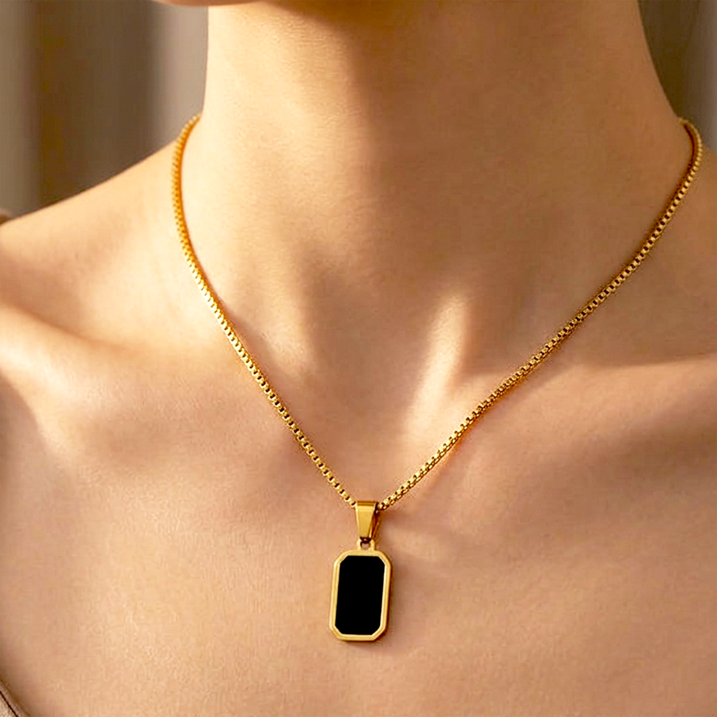 Black Onyx-Style Inlay Pendant Necklace |  Gold plated Stainless Steel