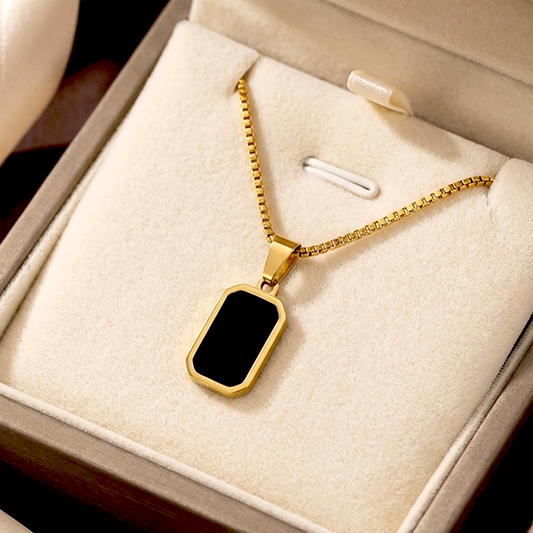 Black Onyx-Style Inlay Pendant Necklace |  Gold plated Stainless Steel