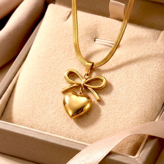 Golden Bow &amp; Puffy Heart Snake Chain Necklace | Anti-Tarnish Stainless Steel
