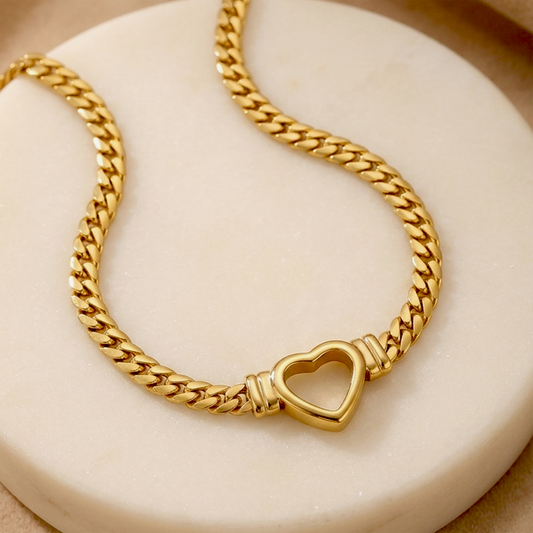 Gold Heart Charm Curb Chain Necklace | Anti-Tarnish Stainless Steel