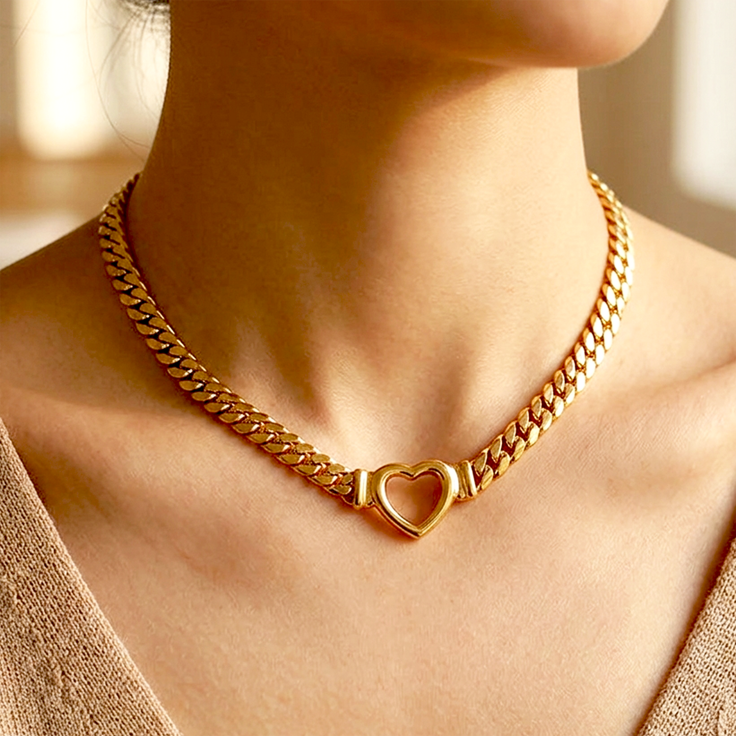Gold Heart Charm Curb Chain Necklace | Anti-Tarnish Stainless Steel