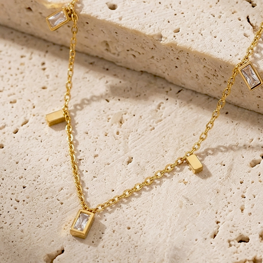 Rectangular Baguette Sparkle Station Necklace | Golden Finished Stainless Steel Anti Tarnish