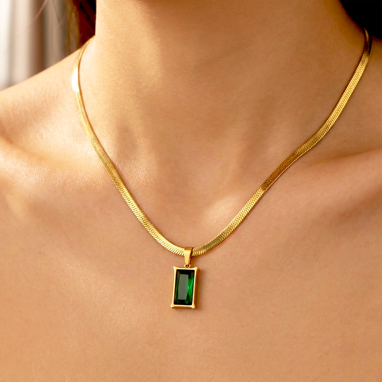 Emerald Radiance Herringbone Necklace: Bold Luxury Tarnish-Proof Brilliance