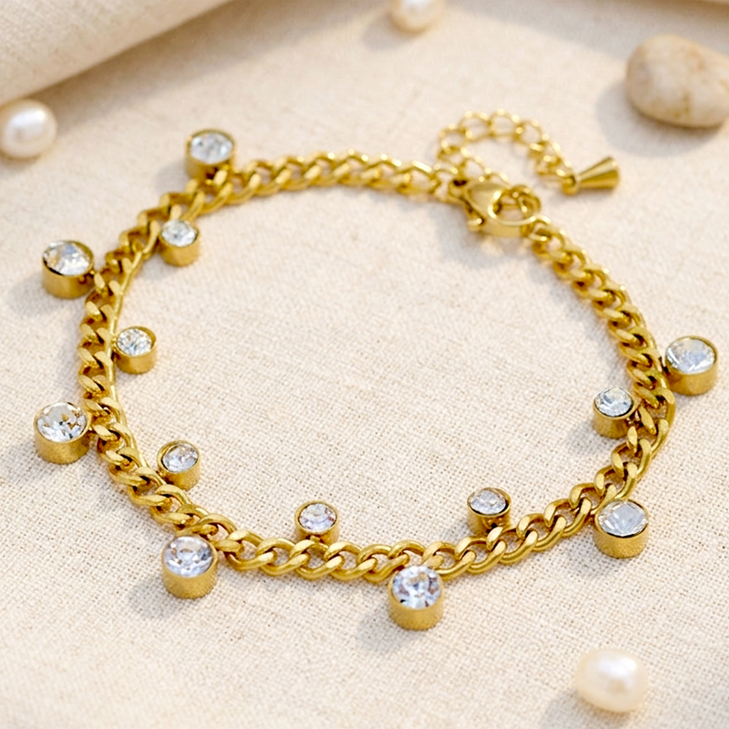 Golden Anti-Tarnish Stainless Steel Based Stone Studded Interlinked Bracelet for Girls