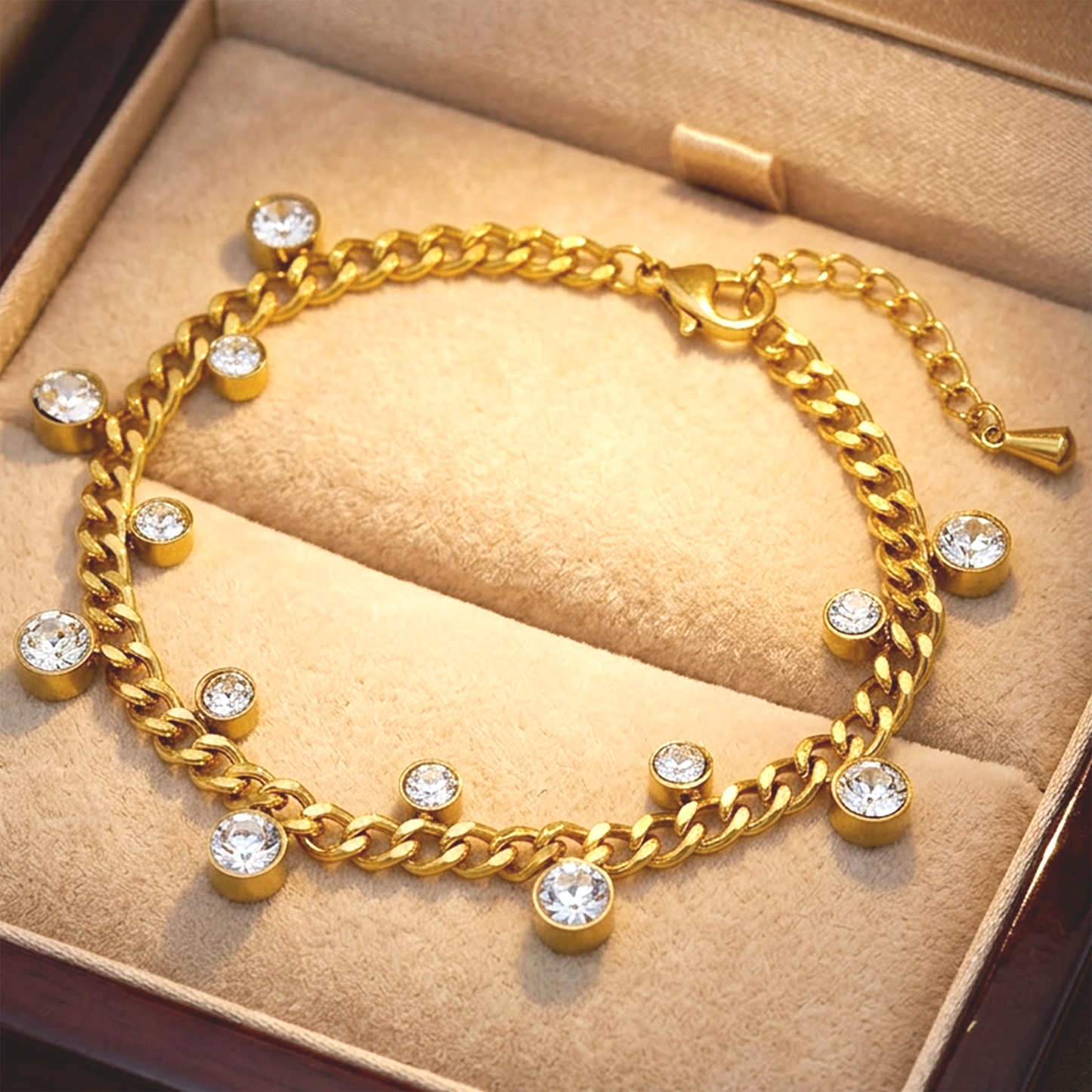 Golden Anti-Tarnish Stainless Steel Based Stone Studded Interlinked Bracelet for Girls